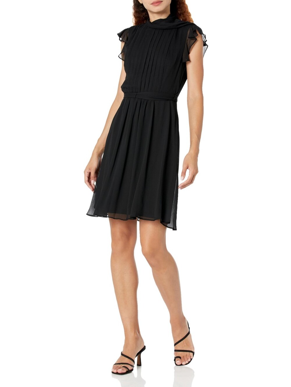 Dkny Black Pleated Chiffon Mini Dress with Flutter Sleeves Size 8